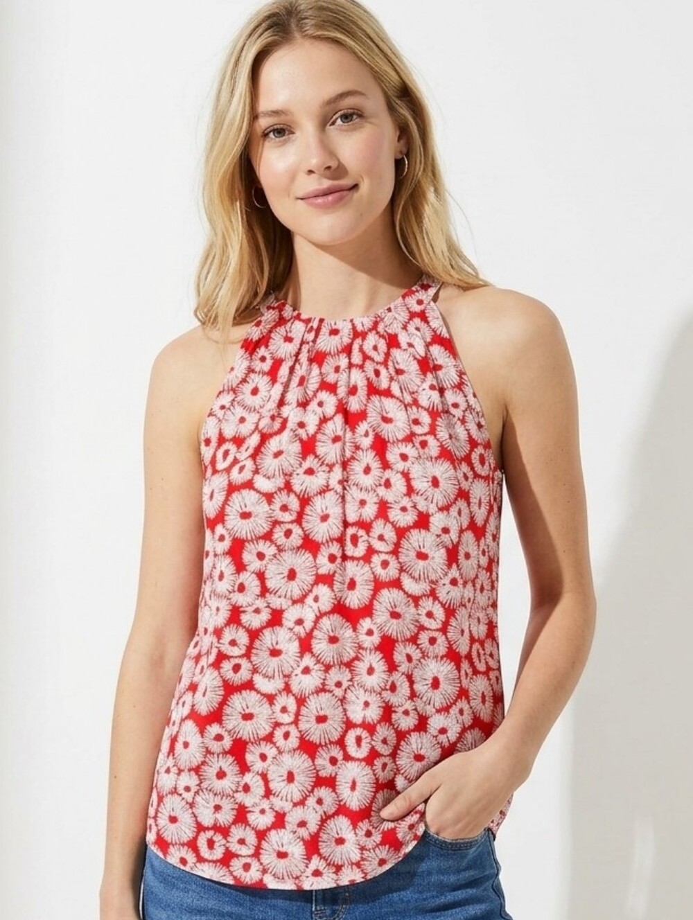 LOFT Halter Tank Top XS NWT Red White Floral Daisy Boho Pleated High Neck Blouse